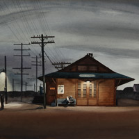 millard sheets, watercolor, night scene, automotive, train, railroad, 1930s, san dimas, millard sheets san dimas train station  